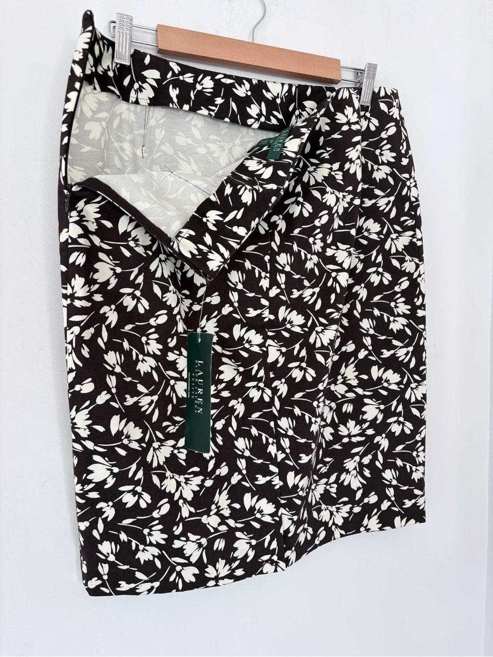 LAUREN RALPH LAUREN 12P Brown Cream Floral Pencil Skirt NWT Side Zip Back Slit